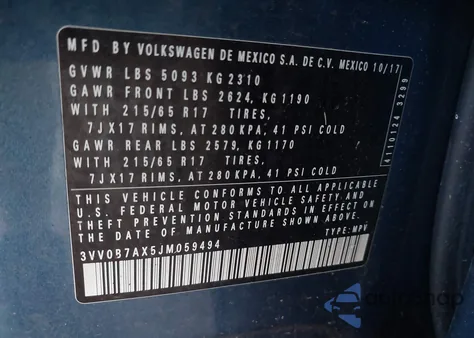 2018 Volkswagen Tiguan 2.0T S z USA, uszkodzony, nr VIN 3VV0B7AX5JM059494